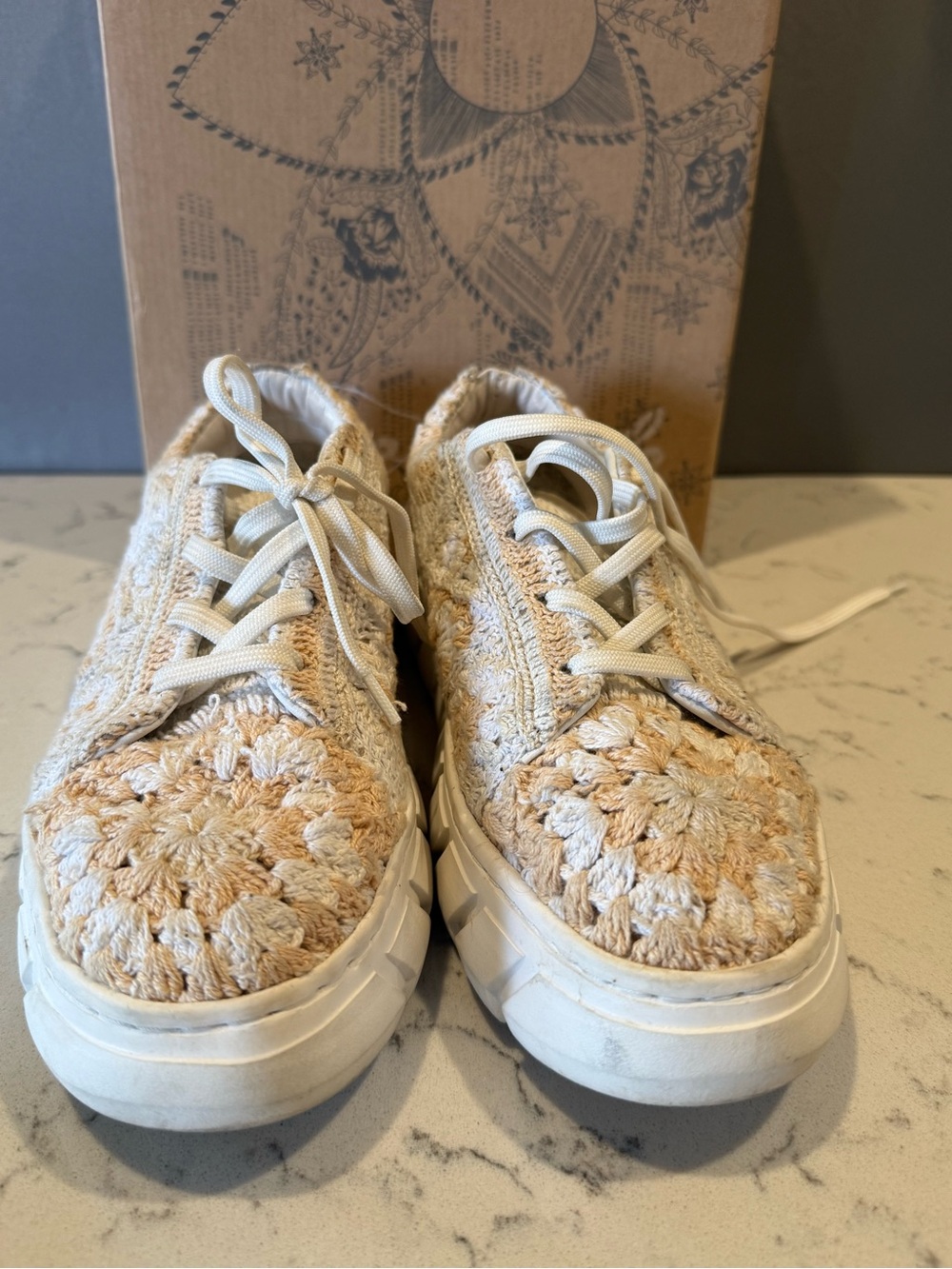 Free People Woven Crochet Lace-Up Sneakers in Cream & Tan